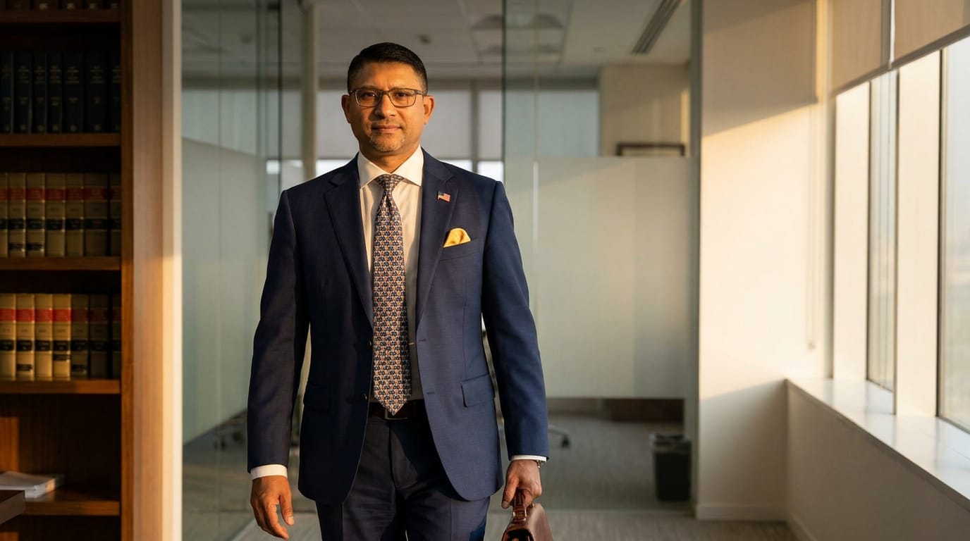 Illustrative image of an attorney in a law office corridor